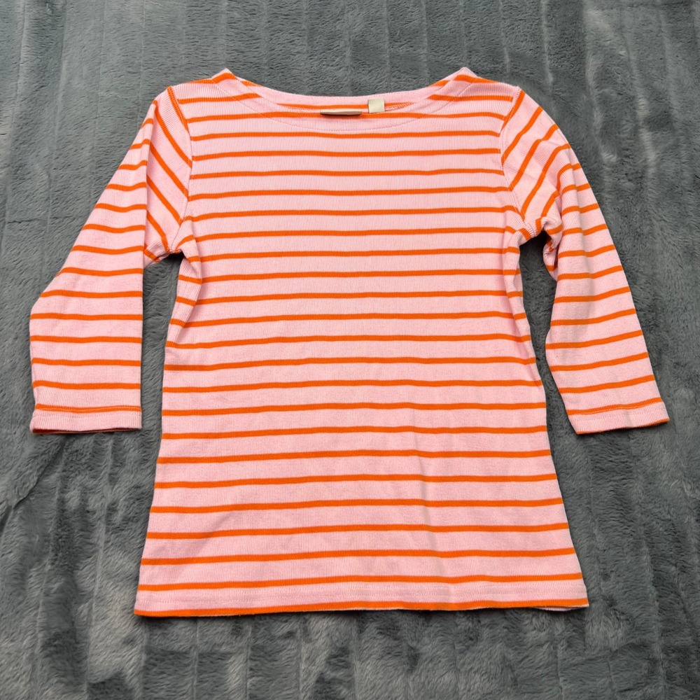 LL Bean Womens XS Petite Pink Orange Striped Cotton Boat Neck Top 287972